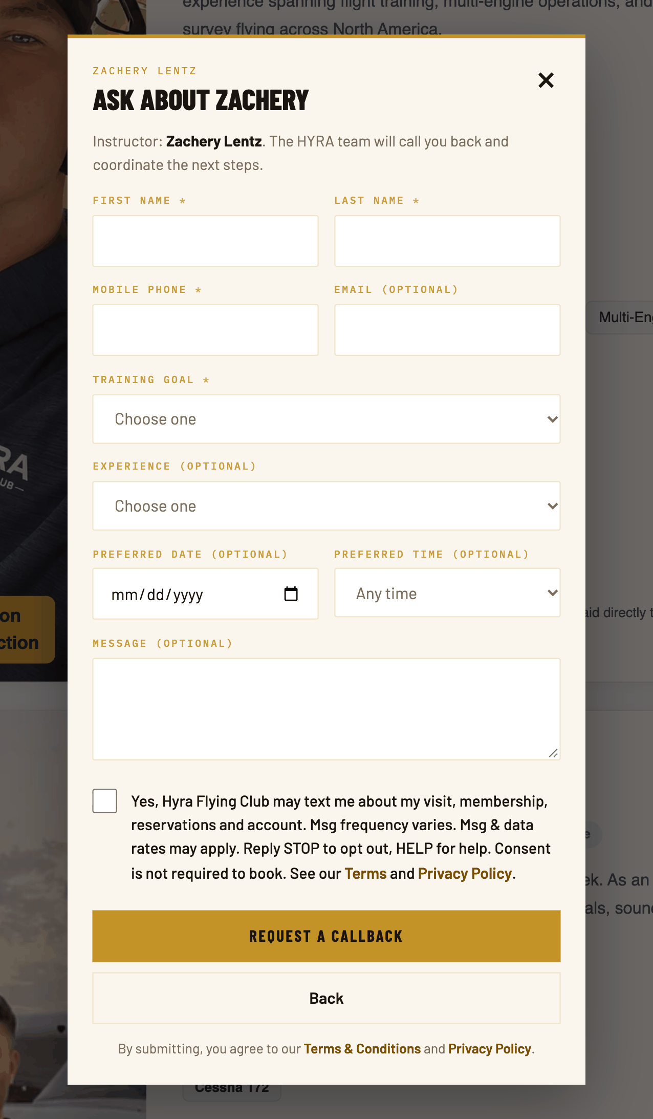 The Request a callback pop-up for an instructor, with empty fields and the unchecked SMS consent checkbox above the Request a callback button.