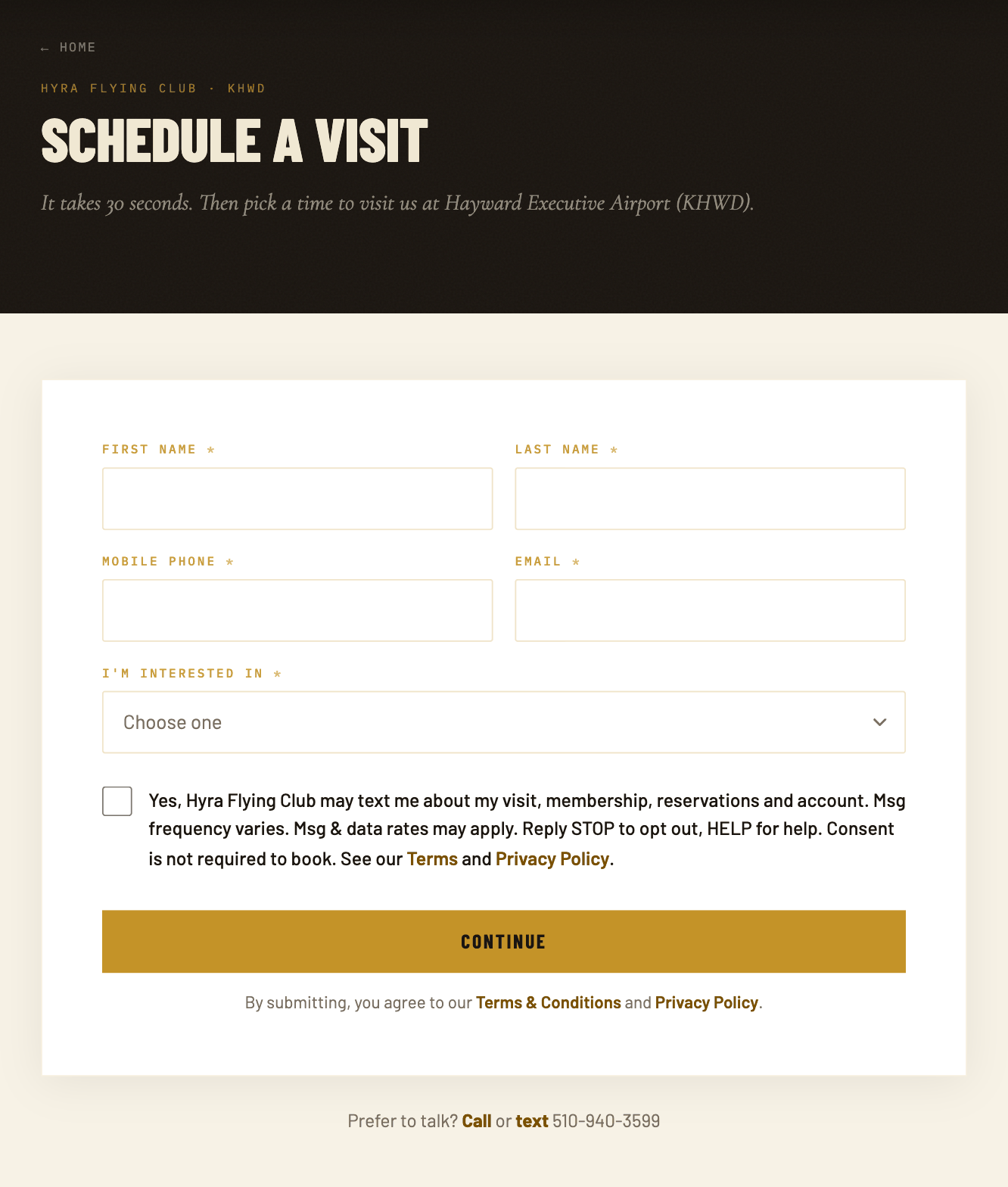 The Schedule a Visit form with empty name, phone and email fields and the unchecked SMS consent checkbox above the Continue button.